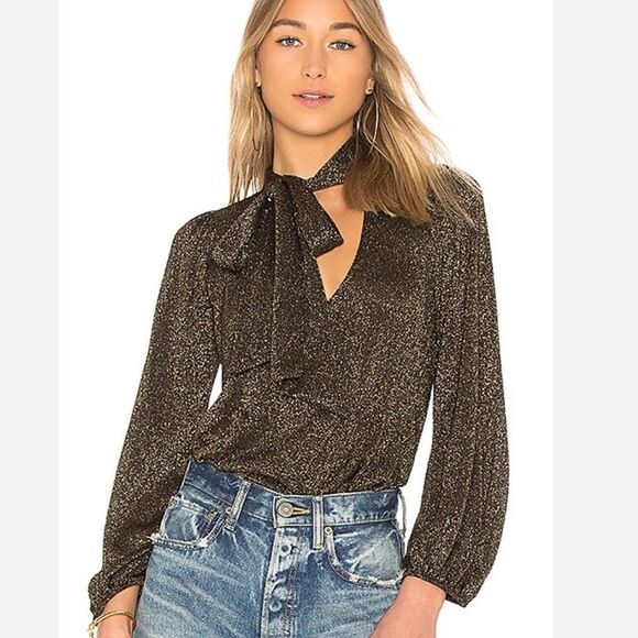 Revolve X Rachel Pally Gold Lurex Scarf Tie Neck Sweater - Picture 2 of 8